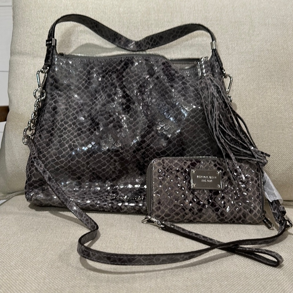 Grey snake embossed Michael Kors purse and matching wallet